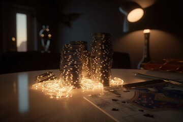 This striking image showcases a collection of poker chips and cards illuminated by shiny lights Generative AI