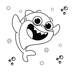 Baby Shark Coloring Page For Kids, A Cute Shark Vector Illustration With Mommy, Daddy, Grandpa and More.