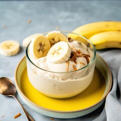 A close-up image of banana frozen yogurt in a bowl, generative ai