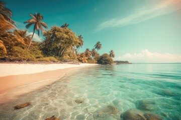 serene tropical beach with swaying palm trees and crystal clear waters. Generative AI