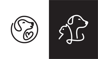 dog and cat logo design. pet care white linear style concept element symbol vector illustration.
