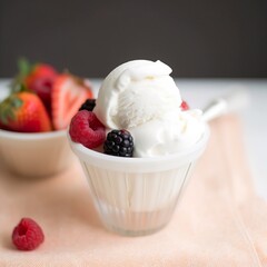 Vanilla frozen yogurt cup with berries, generative ai
