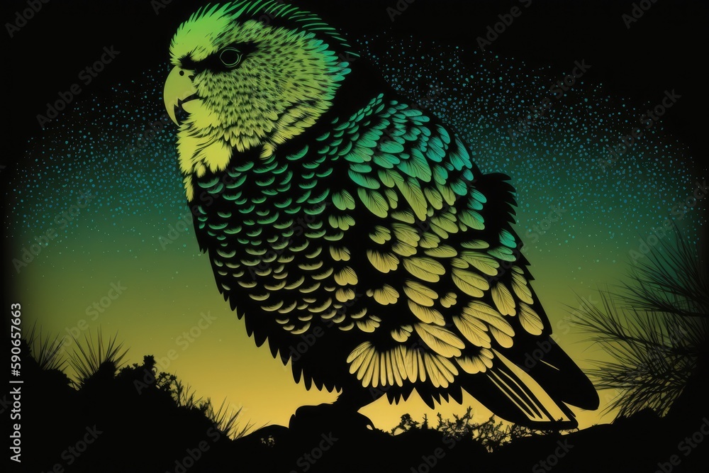Poster an image of an owl or kakapo parrot against a fuzzy backdrop. generative ai