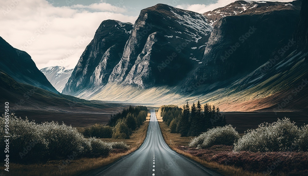 Poster grassy slopes and towering trees frame a road in this vertical picture. generative ai