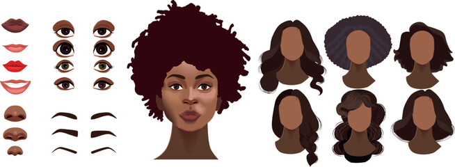 Woman face constructor, avatar of african american female character creation dark skin heads, hairstyle, nose, eyes with eyebrows and lips. Isolated facial elements for construction cartoon vector set