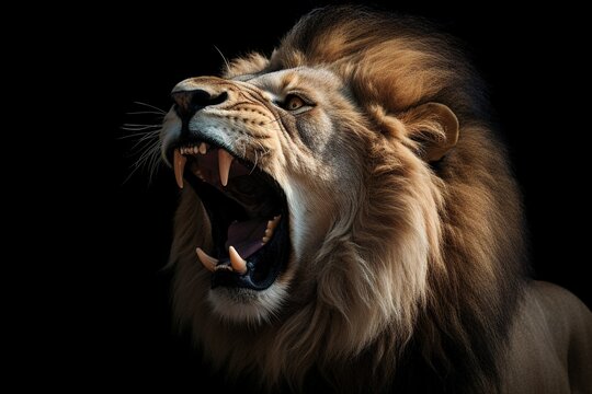 close up of a lion, photo of a lion isolated on a black colored background