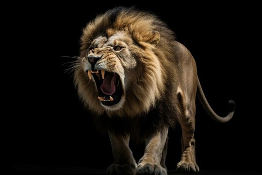 portrait of a lion, photo of a lion isolated on a black colored background