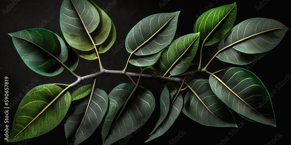 Poster many green leaves are seen in a vertical position on a branch. generative ai