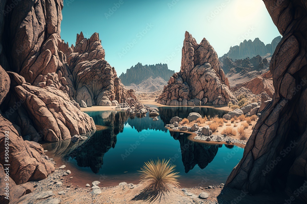 Poster a clear sky over a vertical image of a lake with rocky cliffs in the background. generative ai