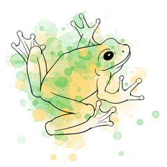 Vector illustration of black contour frog on watercolor spots background