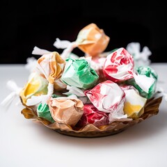 Saltwater taffy close-up image, a variety of taffies on a plate, generative ai