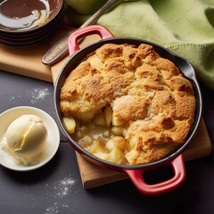  Apple cobbler with ice cream, top-down view of apple dessert, generative ai