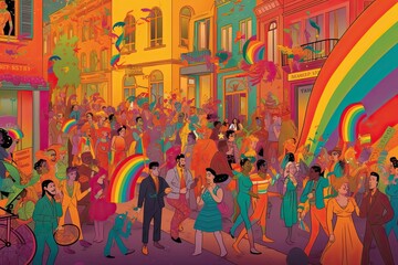 Gay pride parade, people having fun at equality march or lgbt gay parade, illustration, AI generated