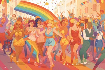 Gay pride parade, people having fun at equality march or lgbt gay parade, illustration, AI generated