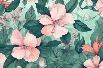 pink flowers blooming on a lush green background. Generative AI