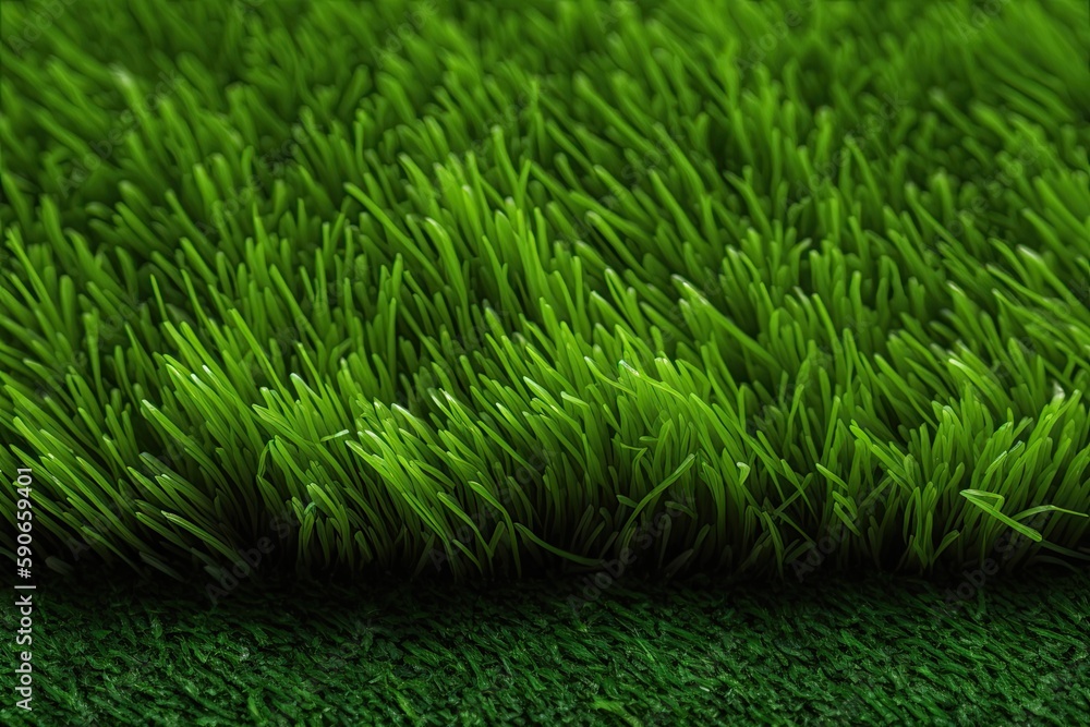 Poster a close-up of a backdrop with an artificial grass texture in green. generative ai