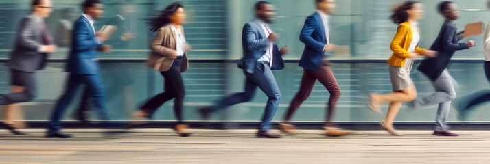 Obraz premium Blurred people, Group of office employees walking in motion. Business people walking at open space. Busy workday, office rush concept. horizontal photo banner.