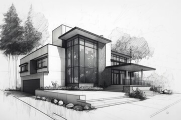 Architecturally simple detached home line drawing. Generative AI