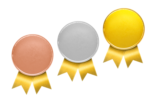 Bronze, Silver, Gold Medal. Champion Winner's Medal Bronze, Silver and Gold medals for the first prize PNG transparent - Powered by Adobe