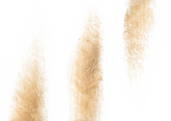 Sand flying explosion, Golden sand wave explode. Abstract sands cloud fly. Yellow colored sand splash throwing in Air. White background Isolated high speed shutter, throwing freeze stop motion