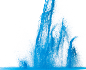 Small size blue Sand flying explosion, Ocean sands grain wave explode. Abstract cloud fly. Blue colored sand splash throwing in Air. White background Isolated high speed shutter, throwing freeze stop