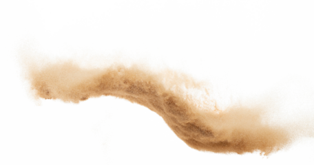 Small size fine Sand flying explosion, Golden grain wave explode. Abstract cloud fly. Yellow colored sand splash silica in Air. White background Isolated high speed shutter, throwing freeze shot