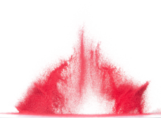 Small size red Sand flying explosion, blood sands grain wave explode. Abstract cloud fly. Red colored sand splash throwing in Air. White background Isolated high speed shutter, throwing freeze stop