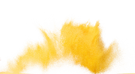 Small size yellow Sand flying explosion, gold cheese sands grain wave explode. Abstract cloud fly. Yellow colored sand splash throwing in Air. White background Isolated high speed shutter, throwing