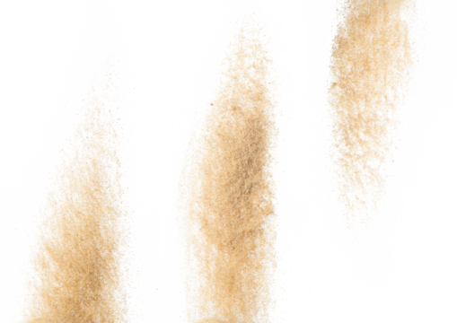 Sand flying explosion, Golden sand wave explode. Abstract sands cloud fly. Yellow colored sand splash throwing in Air. White background Isolated high speed shutter, throwing freeze stop motion