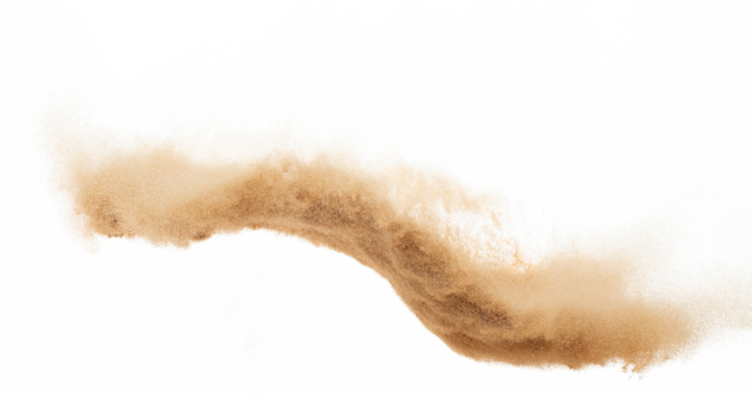 Small size fine Sand flying explosion, Golden grain wave explode. Abstract cloud fly. Yellow colored sand splash silica in Air. White background Isolated high speed shutter, throwing freeze shot