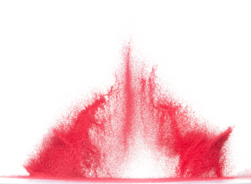 Small size red Sand flying explosion, blood sands grain wave explode. Abstract cloud fly. Red colored sand splash throwing in Air. White background Isolated high speed shutter, throwing freeze stop