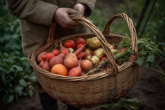 Harvesting, A Farmer Holds A Basket Of Harvested Vegetables Against The Background Of A Farm, Made Using Generative Ai
