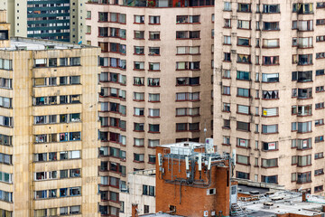 Close-up of buildings in the La Candelaria neighborhood in Bogota, Colombia