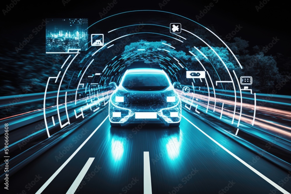 Poster autonomous driving technology combined with intelligent automobiles that use science fiction ai. gen