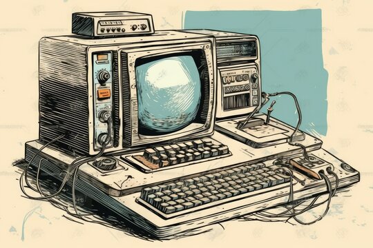 an outdated computer setup with a monitor and keyboard. Generative AI