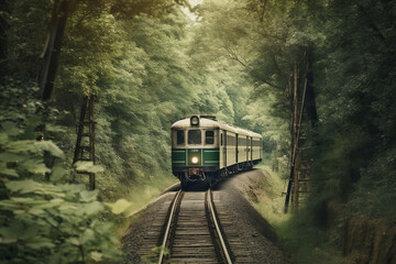 Fototapeta premium Train Rides In A Forest Area, Vintage, Retro Style, Made Using Generative Ai