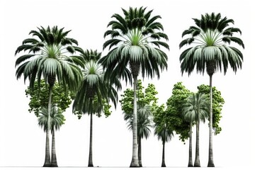 Several betel palm trees isolated against a white background. Generative AI