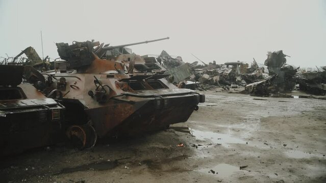Ukraine. Bucha 2022. The cemetery of destroyed Russian tanks. 