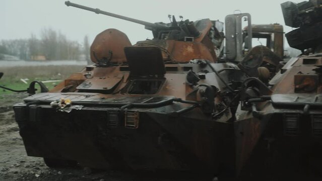 The cemetery of destroyed Russian tanks. Burned and destroyed.Bucha 2022