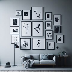 An image of a modern living space with a wall of photo frames mounted on a minimalist metal shelf. black and white combination . "Generative AI"