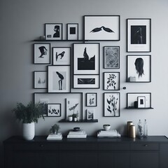 Modern Loft Apartment with Sleek Photo Frame Wall Display on Minimalist Metal Shelf.  "Generative AI"