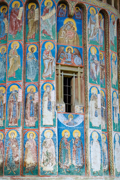 Famous paintings on the exterior of the Voronet monastery in Romania
