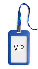 Blue vip badge isolated on white, top view