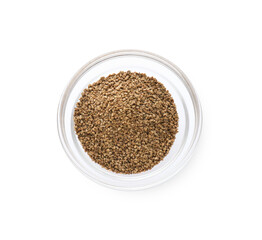 Bowl of celery seeds isolated on white, top view