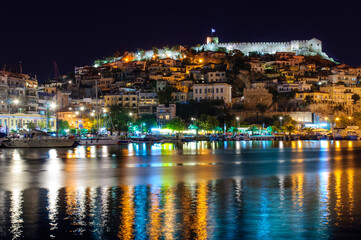 Night in the city of Kavala in Greece. Kavala is the main seaport of eastern Macedonia