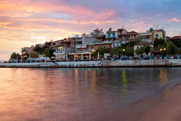 Sunset on the beach at Skala Marion. Thasos island, Greece