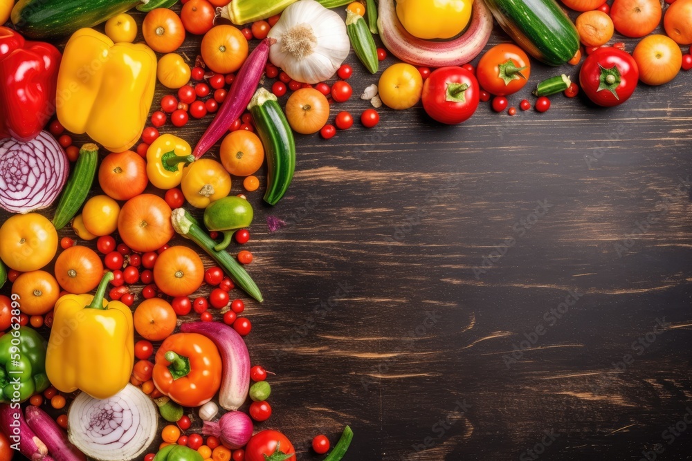 Poster colorful array of fresh fruits and vegetables on a wooden table. generative ai