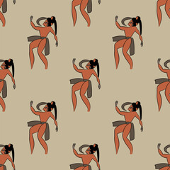 Seamless ethnic pattern with dancing Mayan men. Native American art. On beige background.