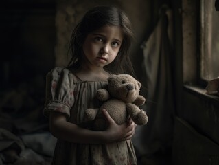 Portrait of a young beautiful girl in a ruined city by war.