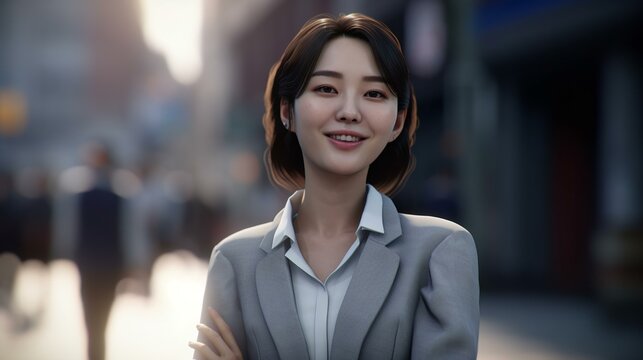 オフィス街を歩くスーツ姿のアジア人ビジネスウーマン・経営者・女性実業家（Generative AI）
